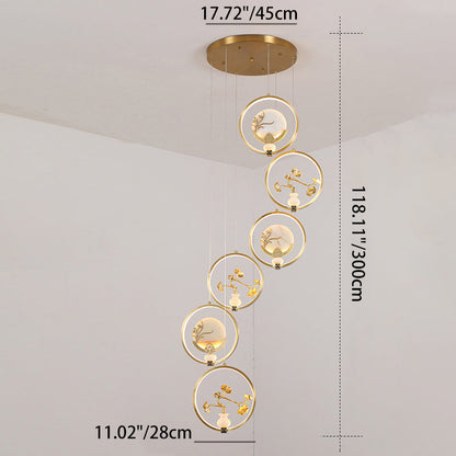 الثريات LED الصينية التقليدية المصنوعة من النحاس والرخام والأكريليك على شكل دائرة على شكل زهرة القرع وأوراق الحيوانات للممر 