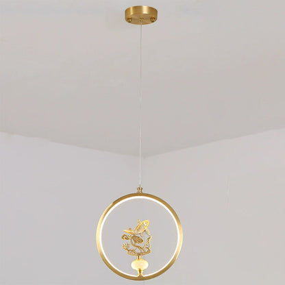 الثريات LED الصينية التقليدية المصنوعة من النحاس والرخام والأكريليك على شكل دائرة على شكل زهرة القرع وأوراق الحيوانات للممر 