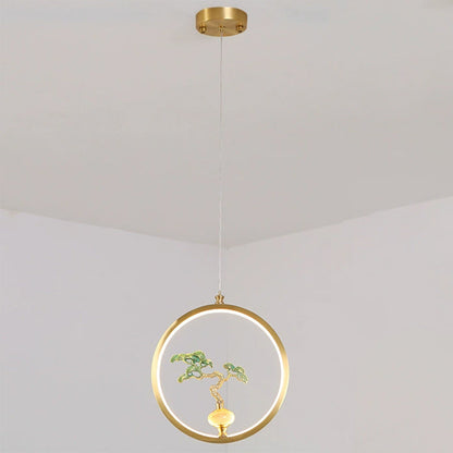 الثريات LED الصينية التقليدية المصنوعة من النحاس والرخام والأكريليك على شكل دائرة على شكل زهرة القرع وأوراق الحيوانات للممر 