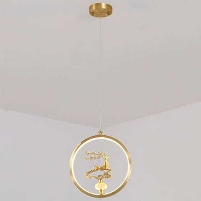 الثريات LED الصينية التقليدية المصنوعة من النحاس والرخام والأكريليك على شكل دائرة على شكل زهرة القرع وأوراق الحيوانات للممر 
