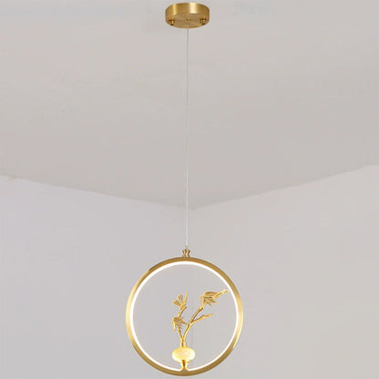 الثريات LED الصينية التقليدية المصنوعة من النحاس والرخام والأكريليك على شكل دائرة على شكل زهرة القرع وأوراق الحيوانات للممر 
