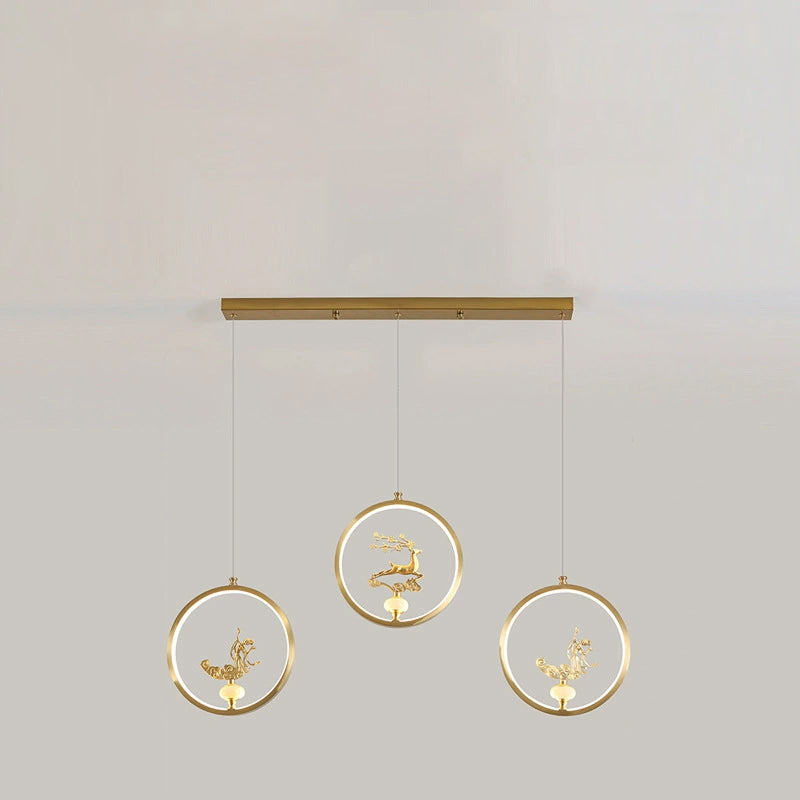 الثريات LED الصينية التقليدية المصنوعة من النحاس والرخام والأكريليك على شكل دائرة على شكل زهرة القرع وأوراق الحيوانات للممر 
