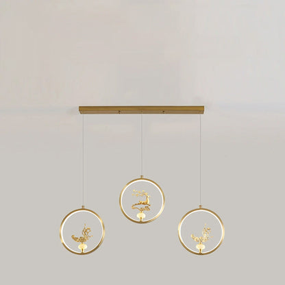 الثريات LED الصينية التقليدية المصنوعة من النحاس والرخام والأكريليك على شكل دائرة على شكل زهرة القرع وأوراق الحيوانات للممر 
