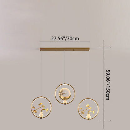 الثريات LED الصينية التقليدية المصنوعة من النحاس والرخام والأكريليك على شكل دائرة على شكل زهرة القرع وأوراق الحيوانات للممر 