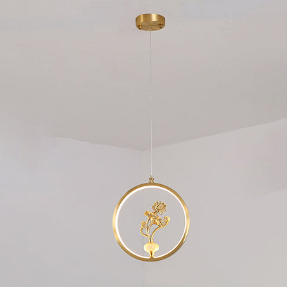 الثريات LED الصينية التقليدية المصنوعة من النحاس والرخام والأكريليك على شكل دائرة على شكل زهرة القرع وأوراق الحيوانات للممر 