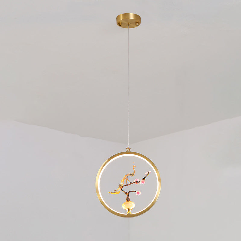 الثريات LED الصينية التقليدية المصنوعة من النحاس والرخام والأكريليك على شكل دائرة على شكل زهرة القرع وأوراق الحيوانات للممر 