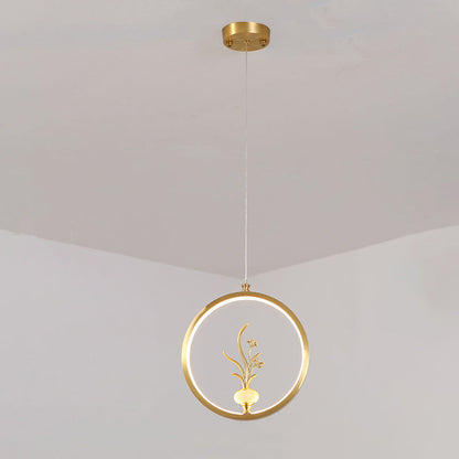 الثريات LED الصينية التقليدية المصنوعة من النحاس والرخام والأكريليك على شكل دائرة على شكل زهرة القرع وأوراق الحيوانات للممر 