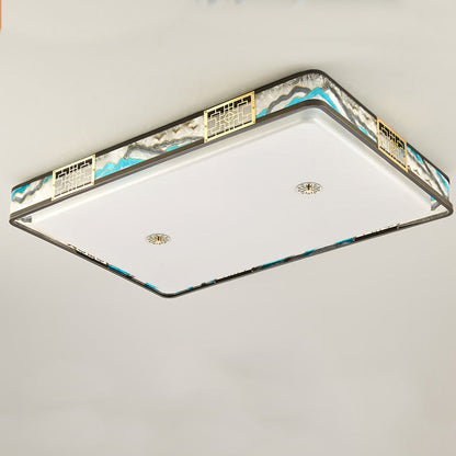 Traditional Chinese Copper Acrylic Enamel Painting Landscape Rectangular Square Round LED Flush Mount Ceiling Light For Bedroom