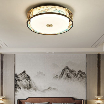 Traditional Chinese Copper Acrylic Enamel Painting Landscape Rectangular Square Round LED Flush Mount Ceiling Light For Bedroom