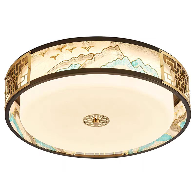 Traditional Chinese Copper Acrylic Enamel Painting Landscape Rectangular Square Round LED Flush Mount Ceiling Light For Bedroom