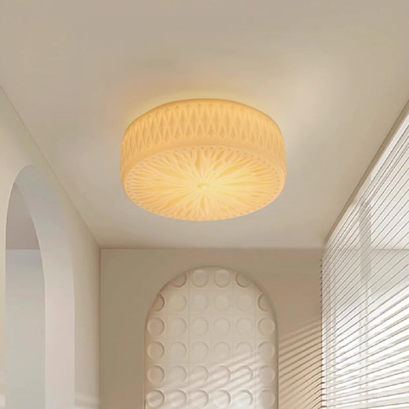 Traditional French Iron Glass Round Stardust Diamond Textured LED Flush Mount Ceiling Light For Bedroom