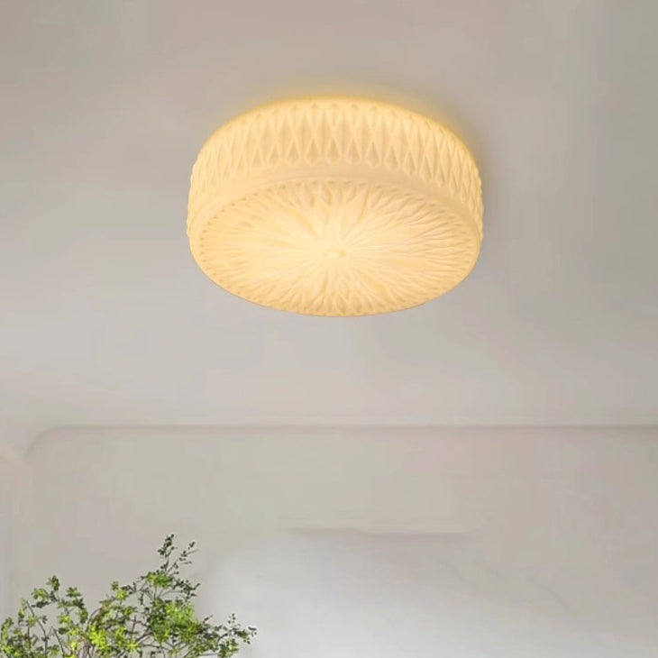 Traditional French Iron Glass Round Stardust Diamond Textured LED Flush Mount Ceiling Light For Bedroom