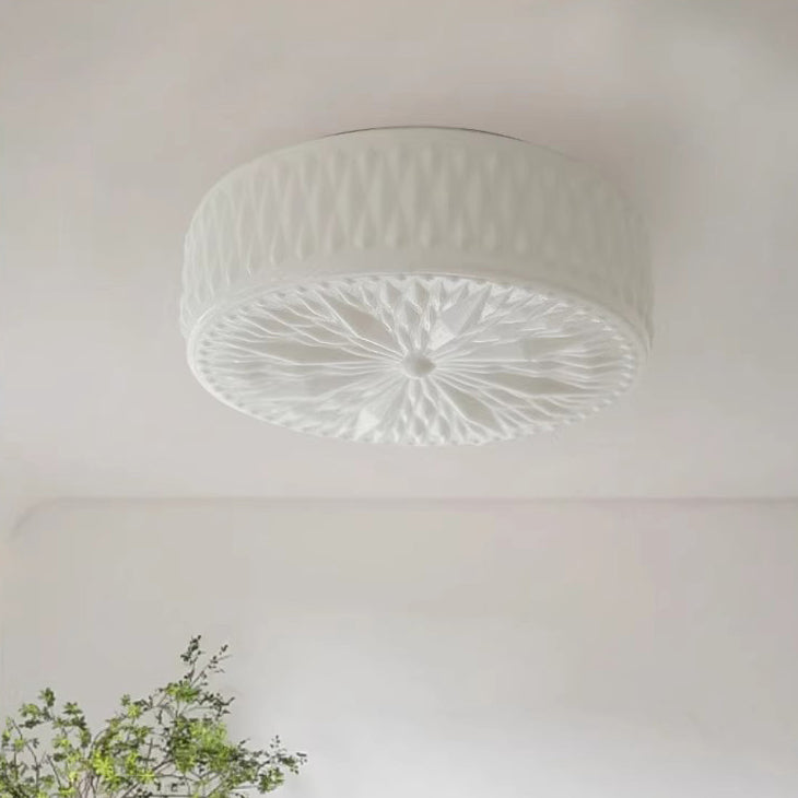Traditional French Iron Glass Round Stardust Diamond Textured LED Flush Mount Ceiling Light For Bedroom