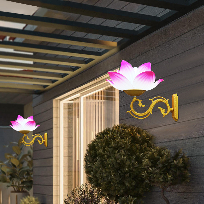 Traditional Chinese Waterproof Plastic Aluminum Lotus 1-Light Wall Sconce Lamp For Outdoor Patio
