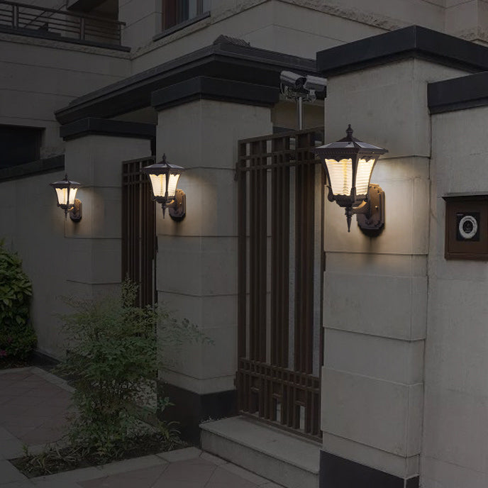 Contemporary Retro Solar Waterproof Aluminum Glass Quadrilateral Striped Lantern LED Wall Sconce Lamp For Outdoor Patio