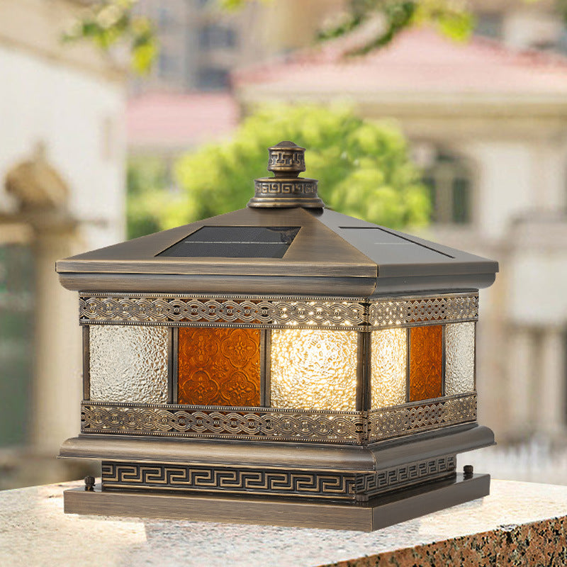 Contemporary Retro Solar Waterproof Copper Glass Square Palace Printed 1-Light LED Outdoor Pillar Light Landscape Lighting For Garden