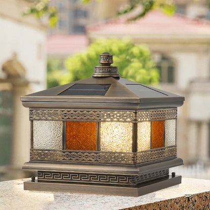 Contemporary Retro Solar Waterproof Copper Glass Square Palace Printed 1-Light LED Outdoor Pillar Light Landscape Lighting For Garden
