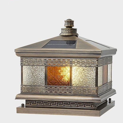 Contemporary Retro Solar Waterproof Copper Glass Square Palace Printed 1-Light LED Outdoor Pillar Light Landscape Lighting For Garden