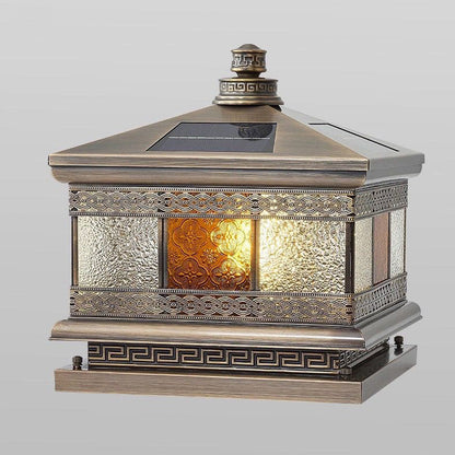 Contemporary Retro Solar Waterproof Copper Glass Square Palace Printed 1-Light LED Outdoor Pillar Light Landscape Lighting For Garden