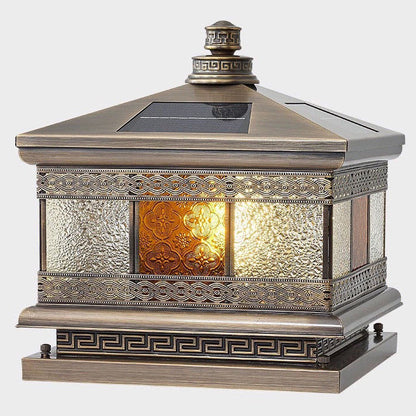Contemporary Retro Solar Waterproof Copper Glass Square Palace Printed 1-Light LED Outdoor Pillar Light Landscape Lighting For Garden