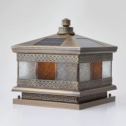 Contemporary Retro Solar Waterproof Copper Glass Square Palace Printed 1-Light LED Outdoor Pillar Light Landscape Lighting For Garden