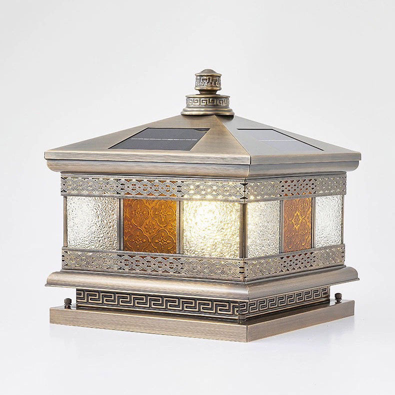 Contemporary Retro Solar Waterproof Copper Glass Square Palace Printed 1-Light LED Outdoor Pillar Light Landscape Lighting For Garden