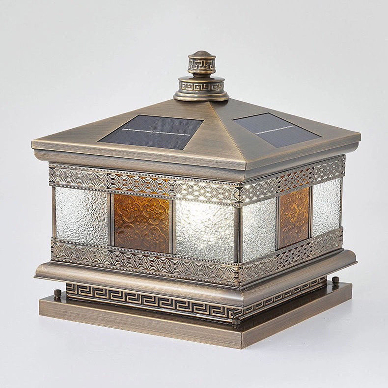 Contemporary Retro Solar Waterproof Copper Glass Square Palace Printed 1-Light LED Outdoor Pillar Light Landscape Lighting For Garden