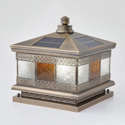 Contemporary Retro Solar Waterproof Copper Glass Square Palace Printed 1-Light LED Outdoor Pillar Light Landscape Lighting For Garden