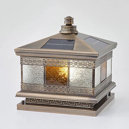 Contemporary Retro Solar Waterproof Copper Glass Square Palace Printed 1-Light LED Outdoor Pillar Light Landscape Lighting For Garden