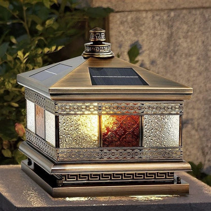 Contemporary Retro Solar Waterproof Copper Glass Square Palace Printed 1-Light LED Outdoor Pillar Light Landscape Lighting For Garden
