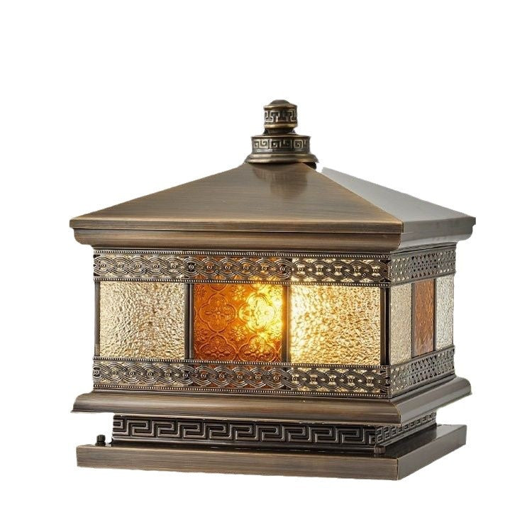 Contemporary Retro Solar Waterproof Copper Glass Square Palace Printed 1-Light LED Outdoor Pillar Light Landscape Lighting For Garden