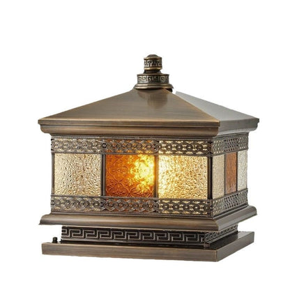 Contemporary Retro Solar Waterproof Copper Glass Square Palace Printed 1-Light LED Outdoor Pillar Light Landscape Lighting For Garden