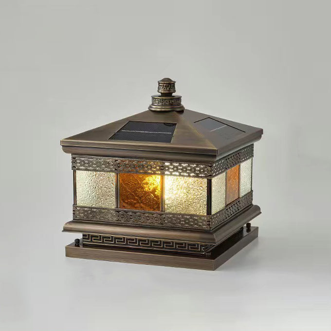 Contemporary Retro Solar Waterproof Copper Glass Square Palace Printed 1-Light LED Outdoor Pillar Light Landscape Lighting For Garden