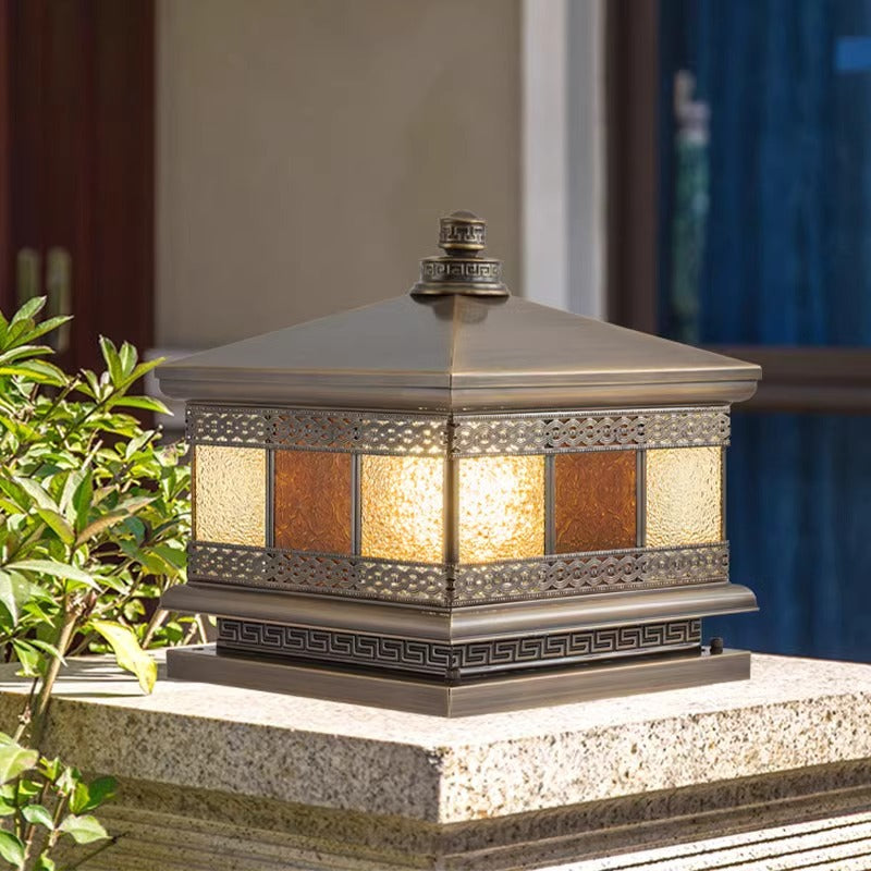 Contemporary Retro Solar Waterproof Copper Glass Square Palace Printed 1-Light LED Outdoor Pillar Light Landscape Lighting For Garden