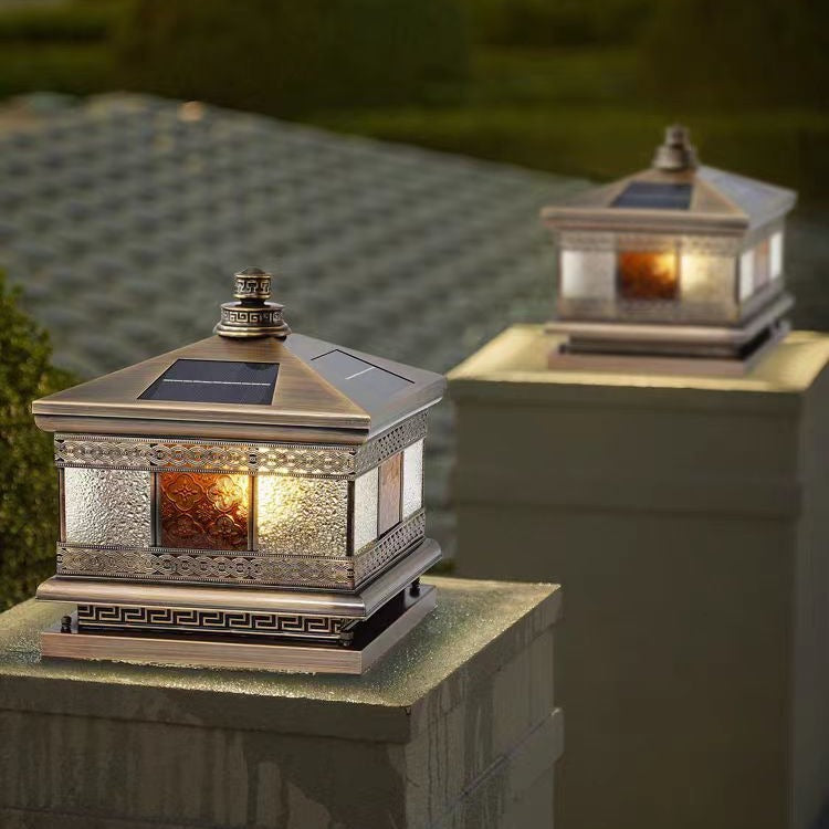 Contemporary Retro Solar Waterproof Copper Glass Square Palace Printed 1-Light LED Outdoor Pillar Light Landscape Lighting For Garden