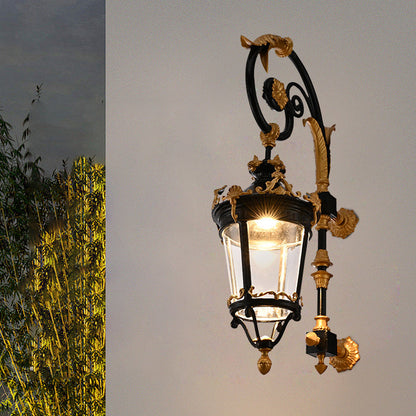 Traditional European Waterproof Aluminum Glass Lantern Carved LED Wall Sconce Lamp For Outdoor Patio