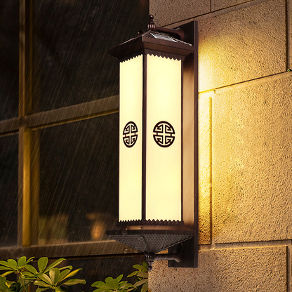 Traditional Chinese Waterproof ABS Aluminum Glass Rectangular Happiness Wealth Pattern LED Wall Sconce Lamp For Outdoor Patio