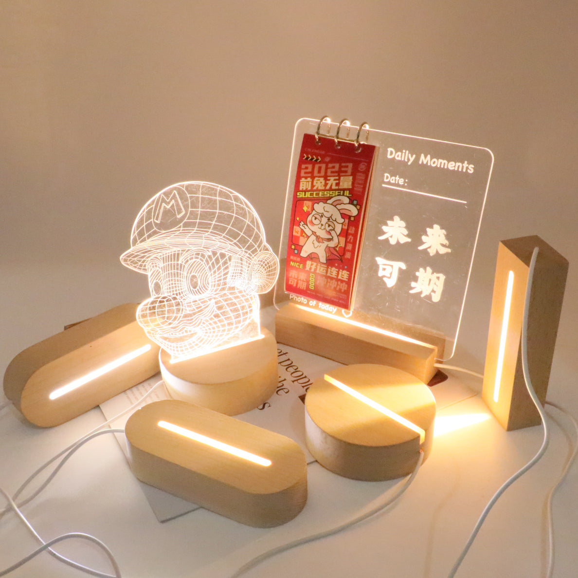 Contemporary Creative Rechargeable Solid Wood Round Rectangular Elliptical LED Table Lamp Night Light For Bedroom