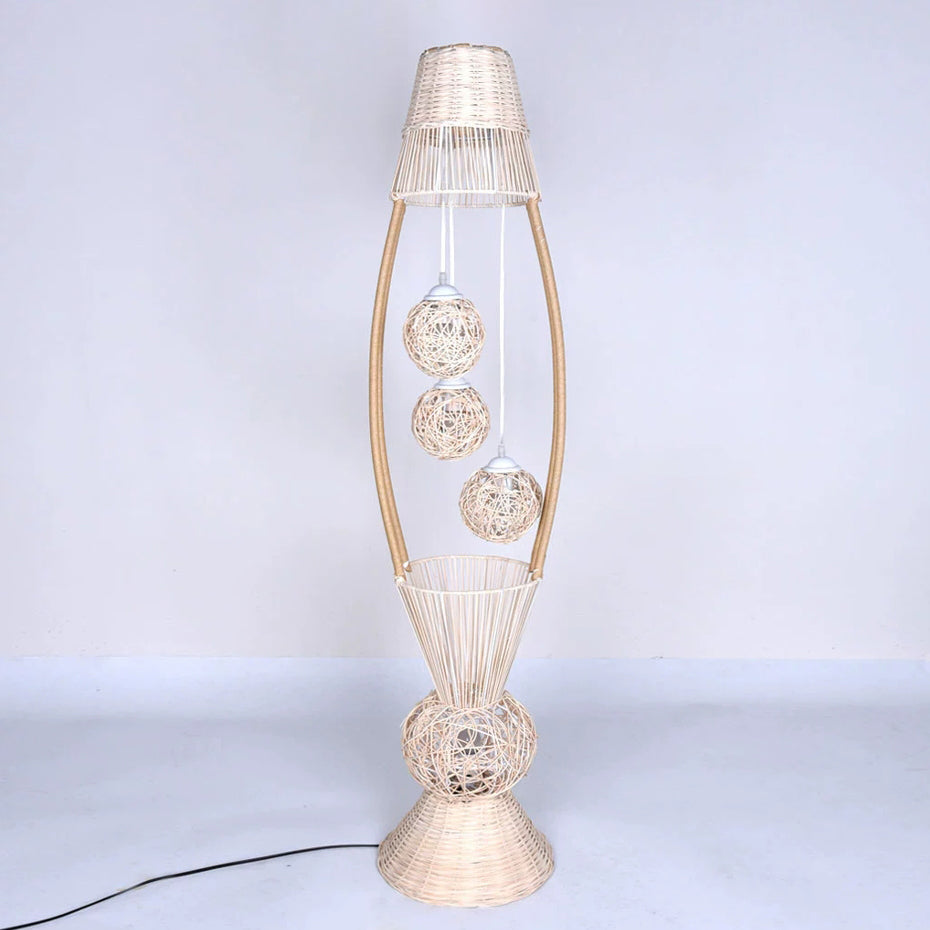 Modern Rattan Fish Shaped  4-Light with Inner Ball Shade Standing Floor Lamps
