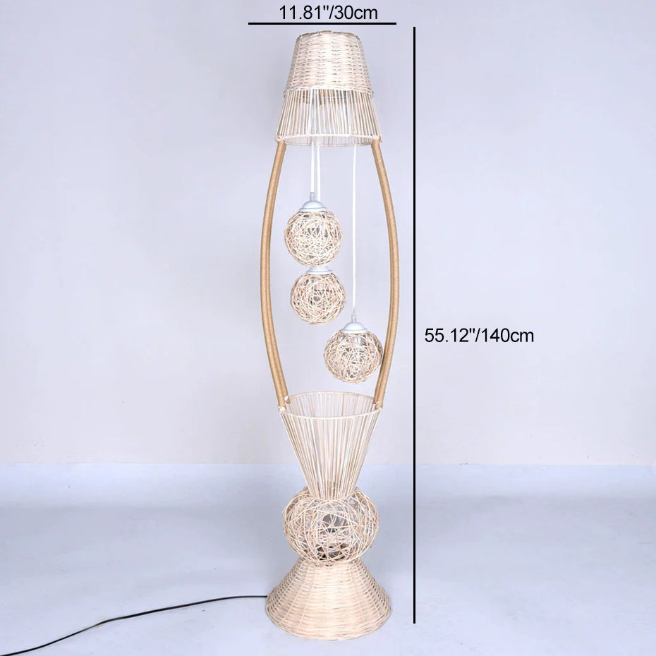 Modern Rattan Fish Shaped  4-Light with Inner Ball Shade Standing Floor Lamps