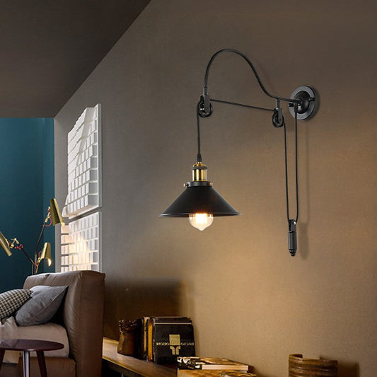 Retro Industrial Wrought Iron 1-Light  Pulley Wall Sconce Lamp