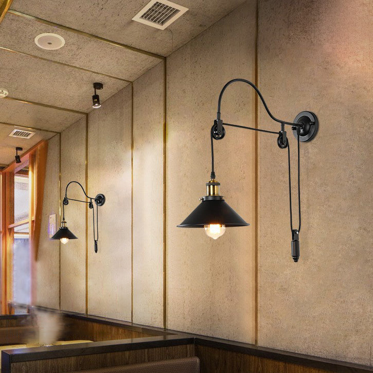 Retro Industrial Wrought Iron 1-Light  Pulley Wall Sconce Lamp