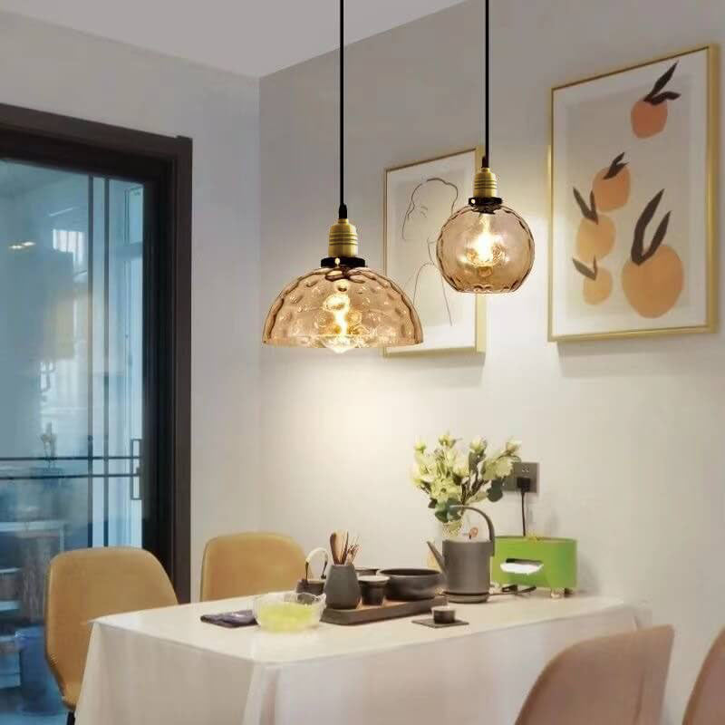 Nordic Vintage Amber Water Pattern Glass Dome 1-Light Pendant Light
