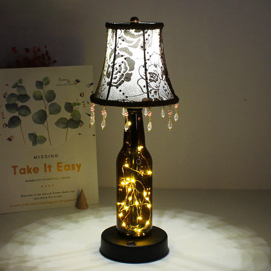 European Creative Fabric Cone Glass Wine Bottle LED Decoration Table Lamp