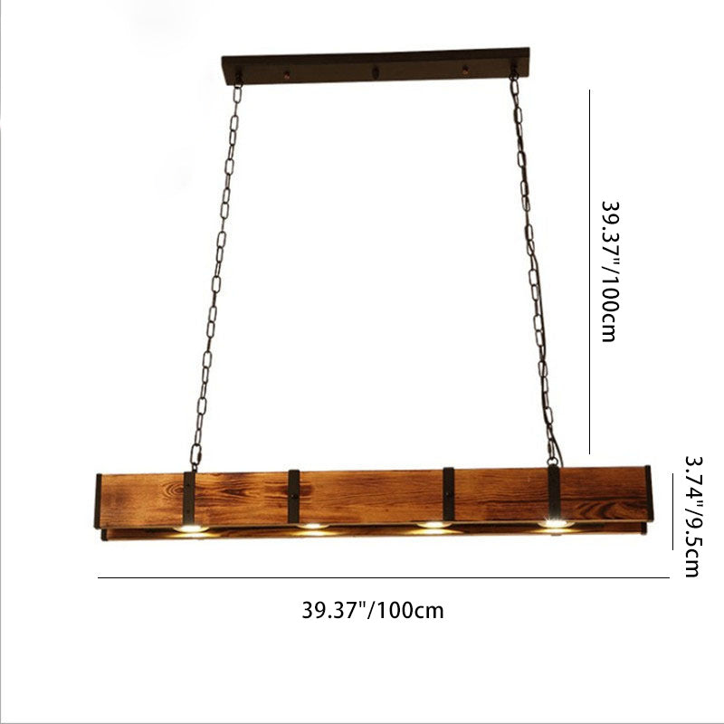 Traditional Vintage Rectangular Solid Wood Iron Glass LED Chandelier Island Light For Dining Room