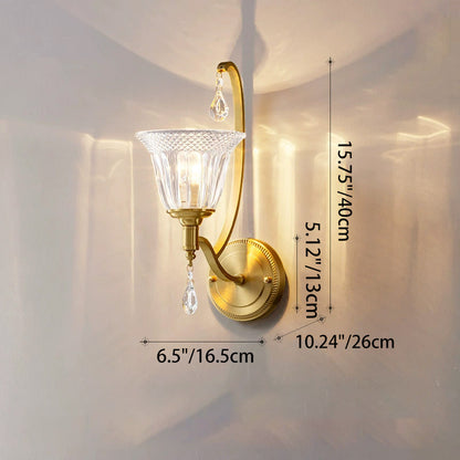 Traditional French Copper Glass Crystal Bell Embossed 1-Light Wall Sconce Lamp For Bedside
