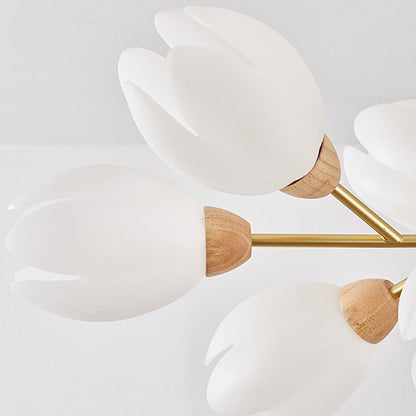 Modern Mid-Century Flower Shape Wood Rotational Molding 6/9/12 Light Chandelier For Bedroom
