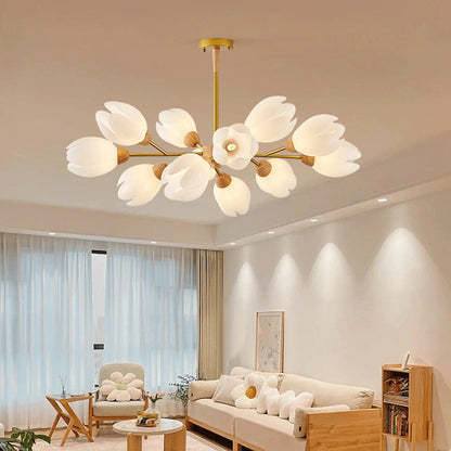 Modern Mid-Century Flower Shape Wood Rotational Molding 6/9/12 Light Chandelier For Bedroom