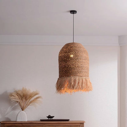 Traditional Rustic Round Dome Rattan Iron 1-Light Pendant Light For Living Room