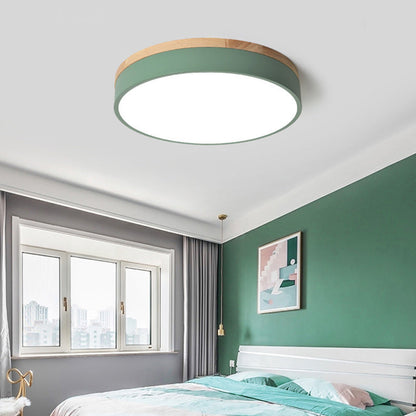 Modern Simplicity Round Wood Iron Acrylic LED Flush Mount Ceiling Light For Bedroom